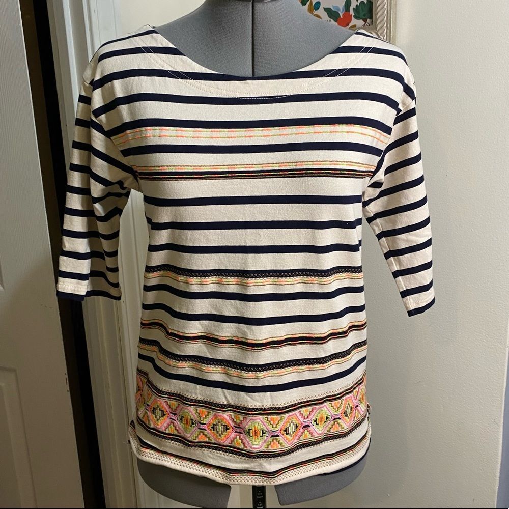 J. Crew Navy Striped Nautical Top Neon Southwest Embroidered Print Boxy Size S